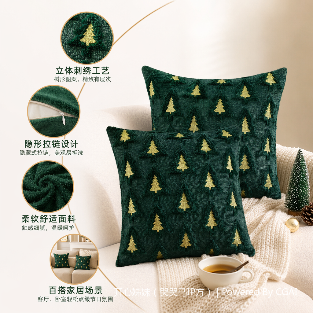 Custom-made Tibetan sofa cushions with dark green Christmas tree embroidery tufted cushions