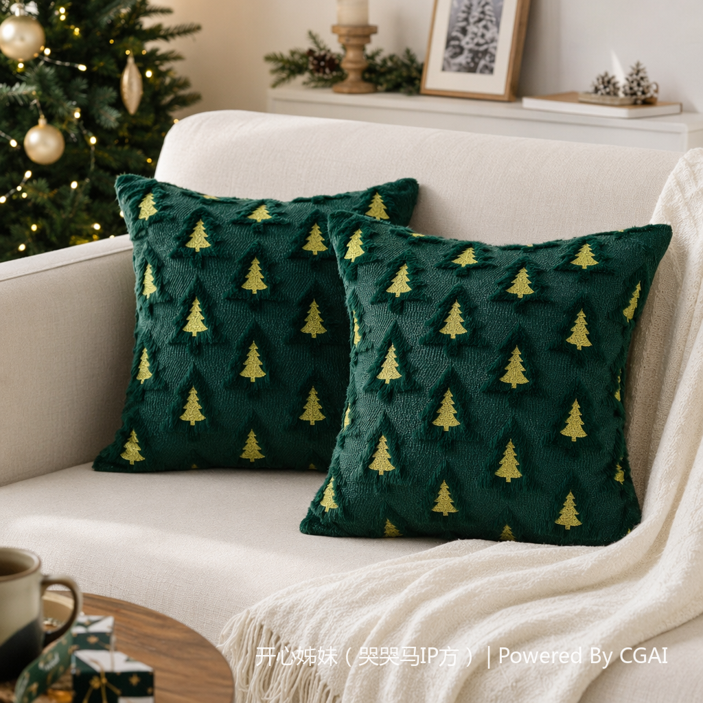 Custom-made Tibetan sofa cushions with dark green Christmas tree embroidery tufted cushions details Picture