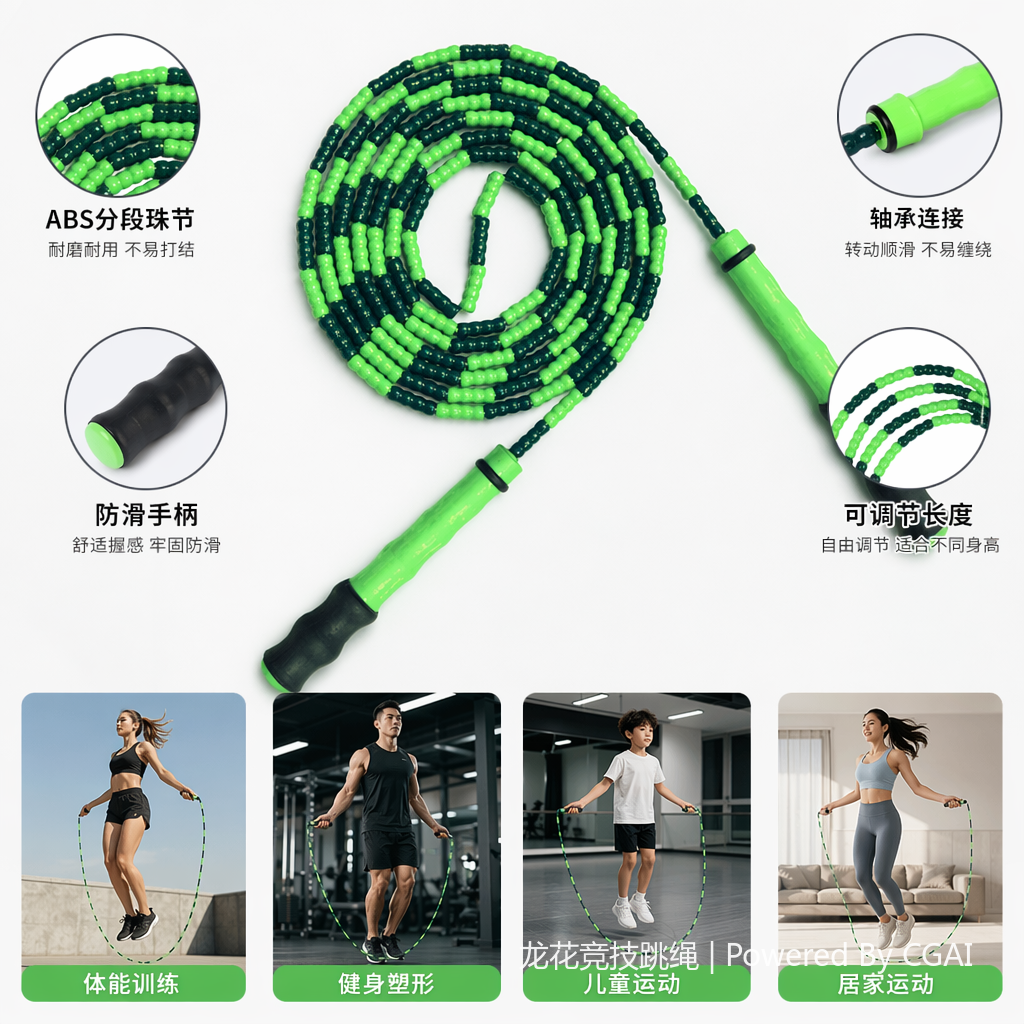 绿色与黑色相间珠链跳绳 体育用品户外运动跳绳文具套装