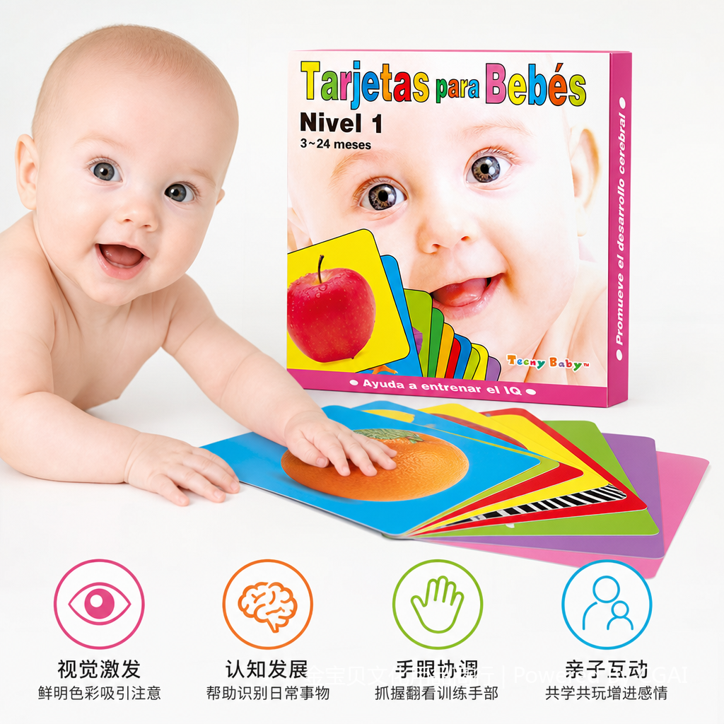 早教闪卡潜能开发彩色婴儿卡片盒含红苹果图案Tarjetas para Bebés Nivel 1