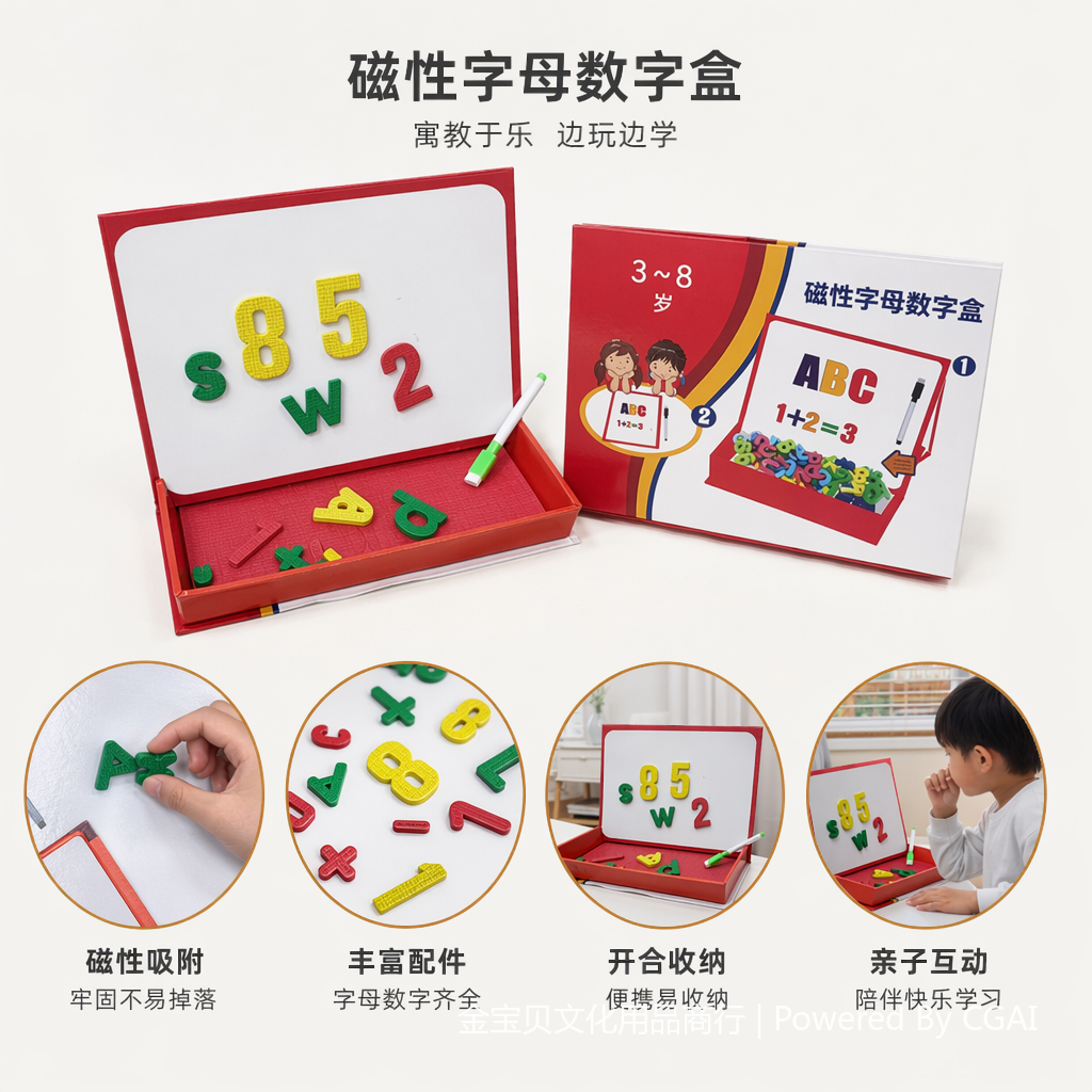 红色磁性字母数字盒 磁力板儿童卡通画板含彩色磁贴白板笔黑板擦画像灯