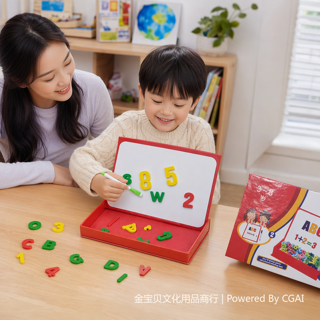 红色磁性字母数字盒 磁力板儿童卡通画板含彩色磁贴白板笔黑板擦画像灯 details Picture