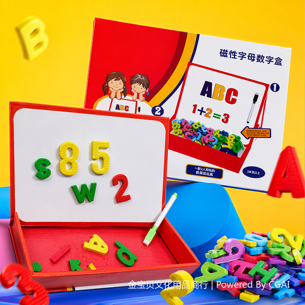 红色磁性字母数字盒 磁力板儿童卡通画板含彩色磁贴白板笔黑板擦画像灯 Specification image