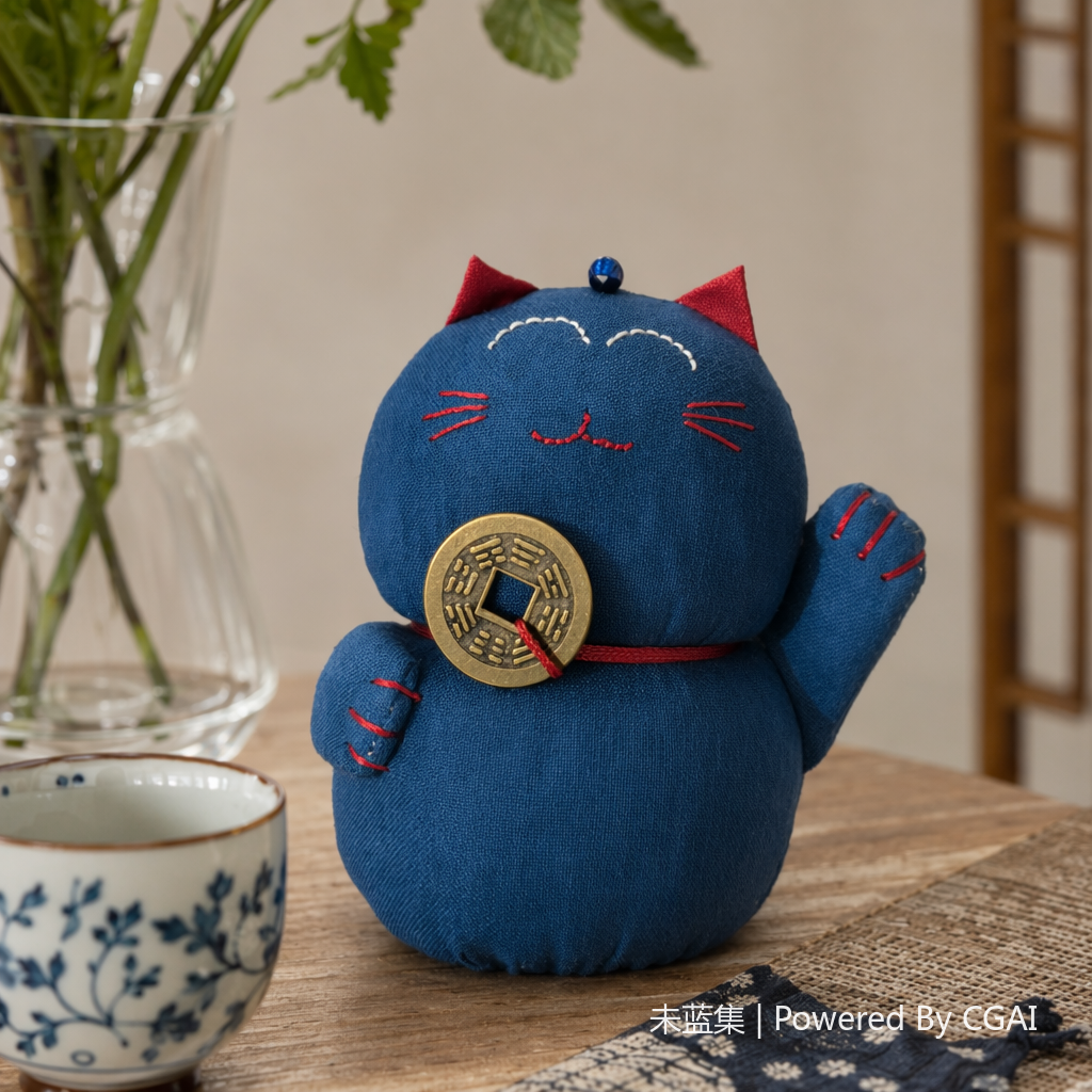 Blue Maneki Neko lucky figurine, cream glue fan wooden doll, business high-end gift box details Picture