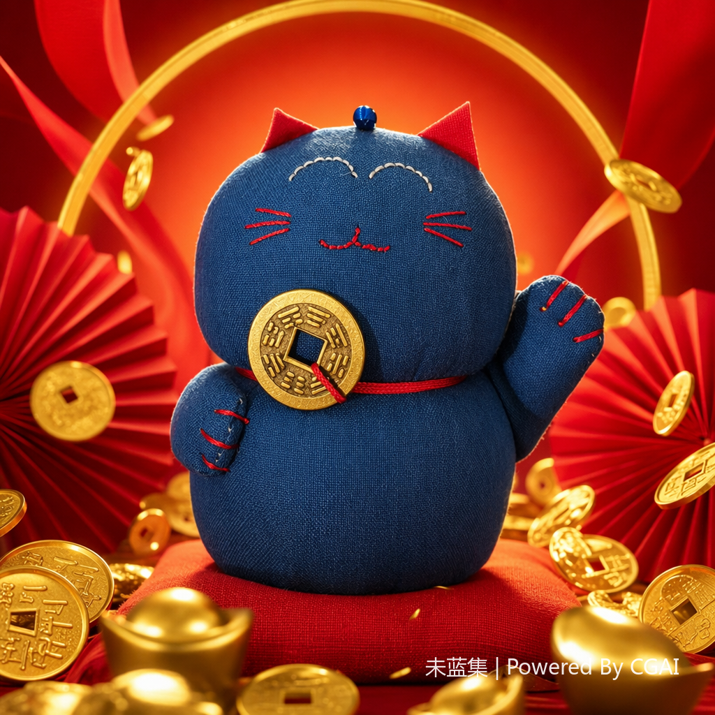 Blue Maneki Neko lucky figurine, cream glue fan wooden doll, business high-end gift box Specification image