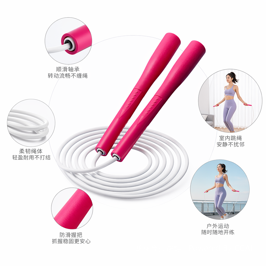 粉色跳绳硅胶手柄防滑耐磨体育用品户外运动训练神器