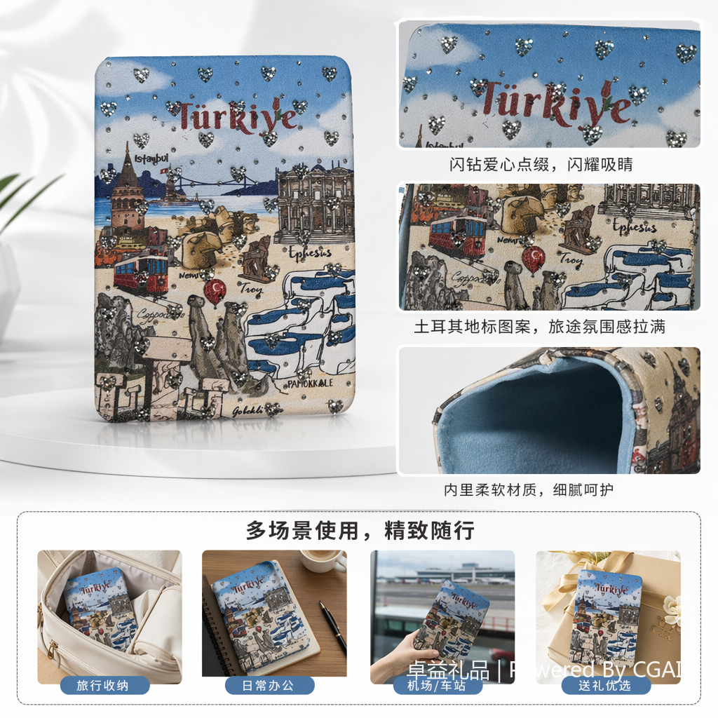 蓝色心形亮片土耳其旅游立体花朵生日贺卡配果冻贴纸镜子图