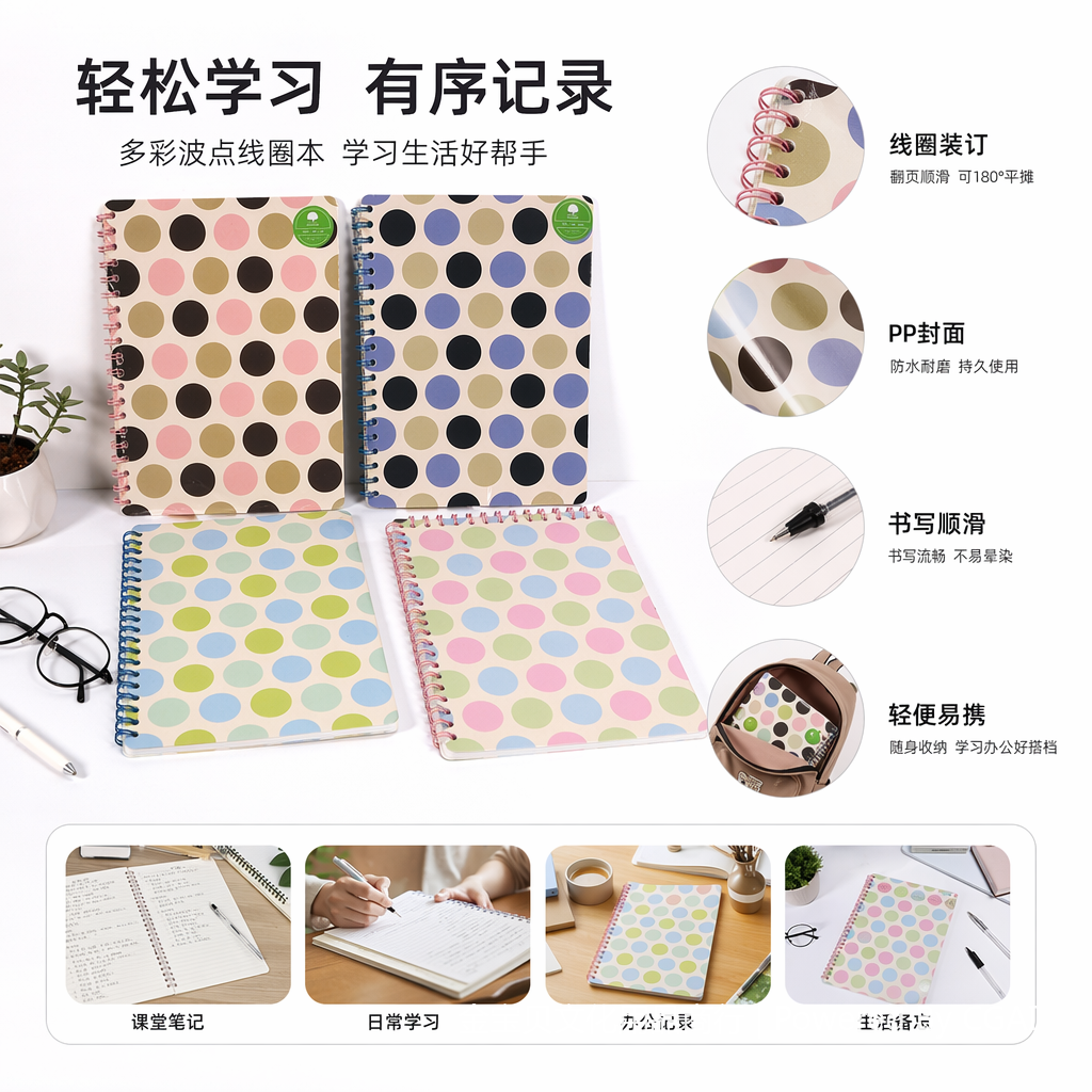 彩色波点螺旋笔记本涂色本作业本成人彩铅填色拍纸本