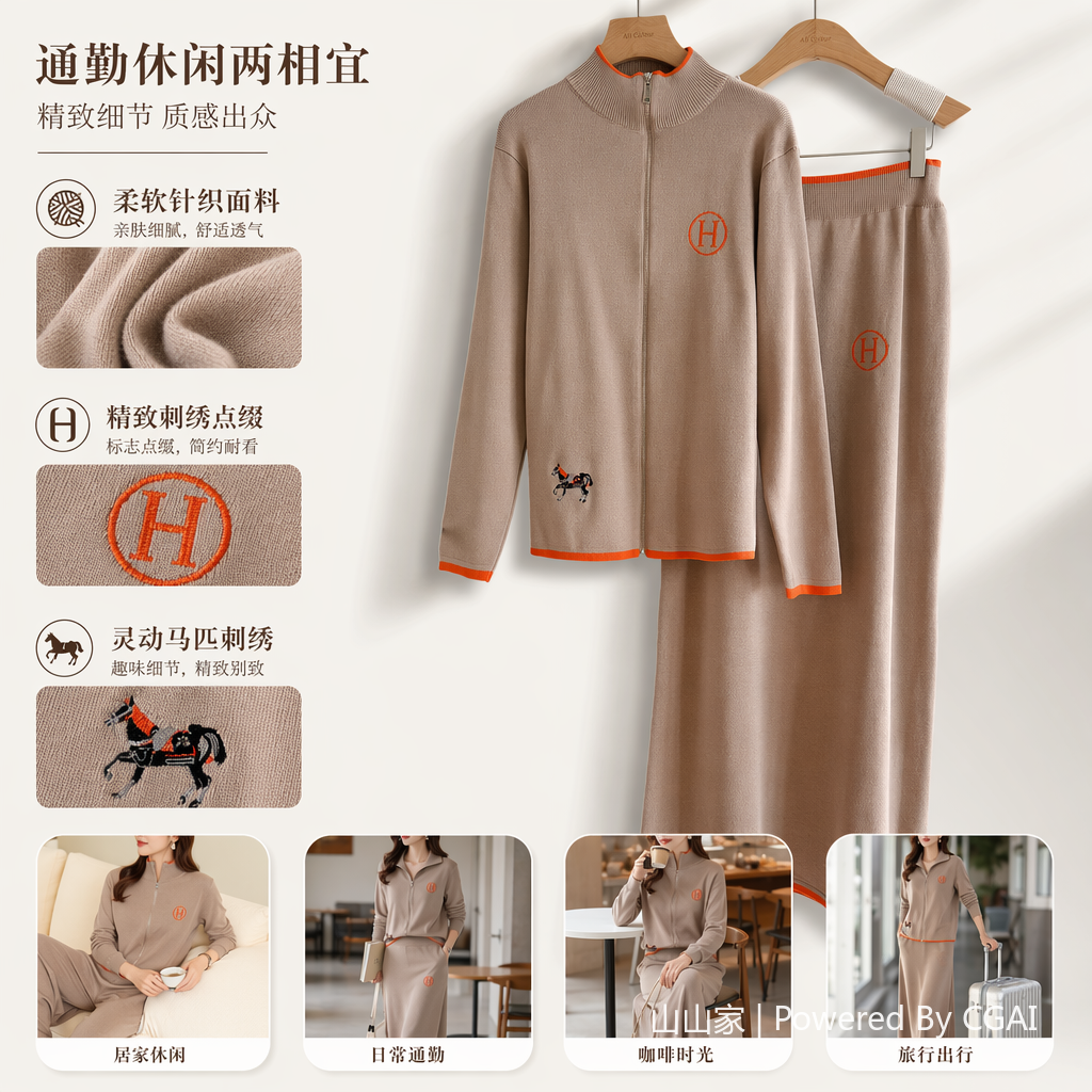 跨境欧美新品创意骏马刺绣撞色长袖毛织外套+休闲针织短裙两跨境172759421