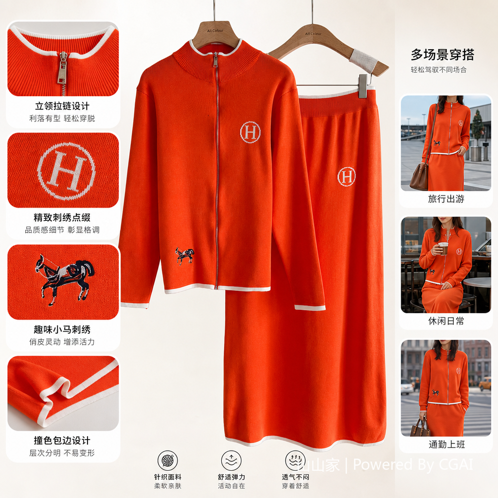 跨境欧美新品创意骏马刺绣撞色长袖毛织外套+休闲针织短裙两跨境