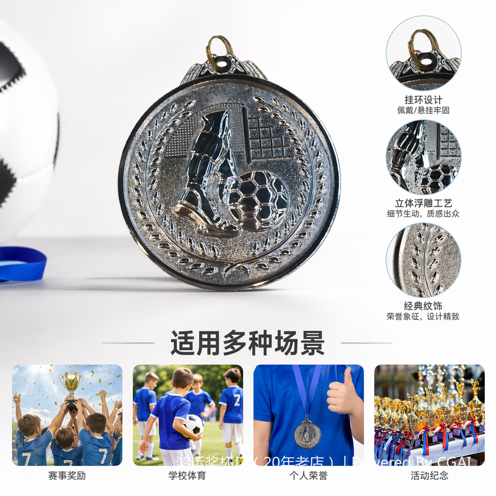 Silver football medal, gold foil plastic trophy, desktop nameplate, plastic base