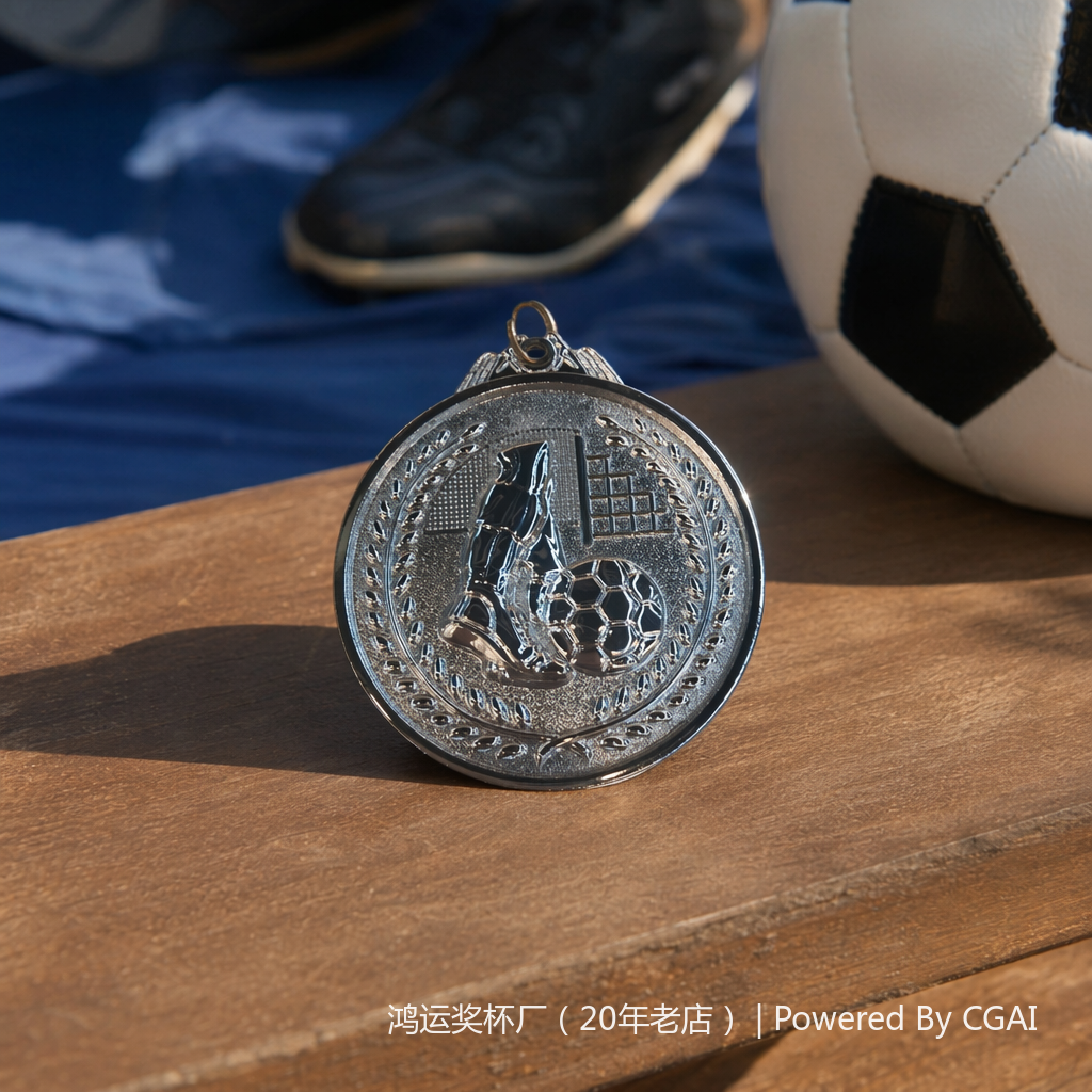 Silver football medal, gold foil plastic trophy, desktop nameplate, plastic base details Picture