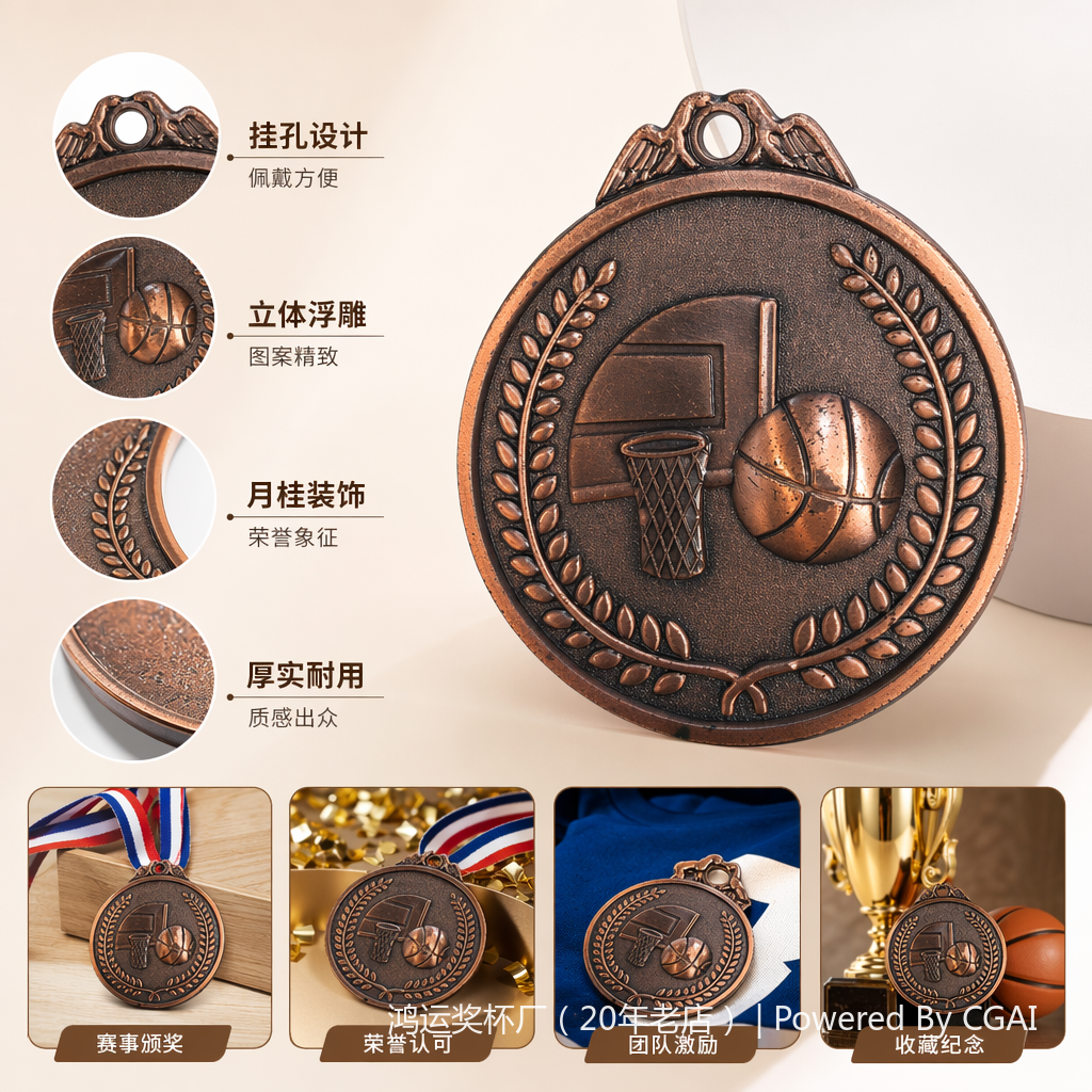 Copper-colored basketball medal, gold foil paper, plastic base, desktop nameplate