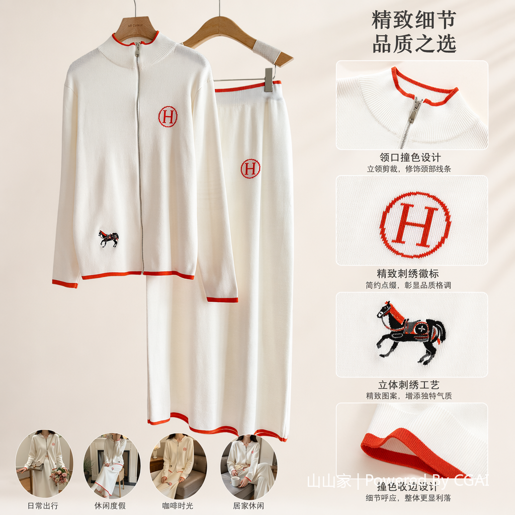 白色针织时尚休闲套装 拉链开衫配收腰碎花长裙 橙边红H刺绣