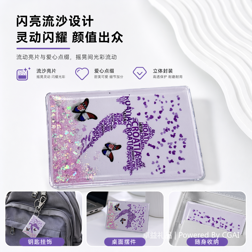 透明流沙长方镜子内含粉色金色亮片紫色蝴蝶镜子