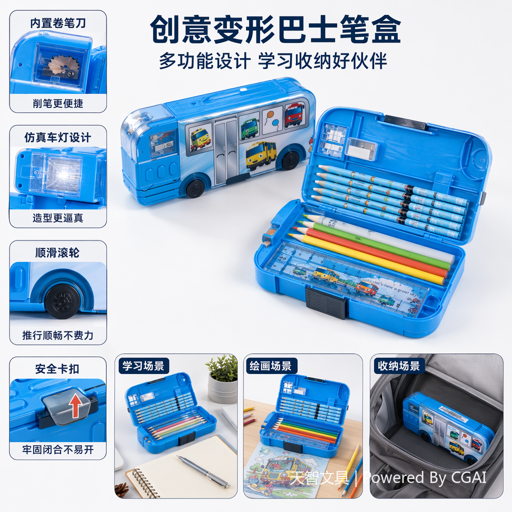 彩色巴士造型透明笔袋学生卡通文具盒