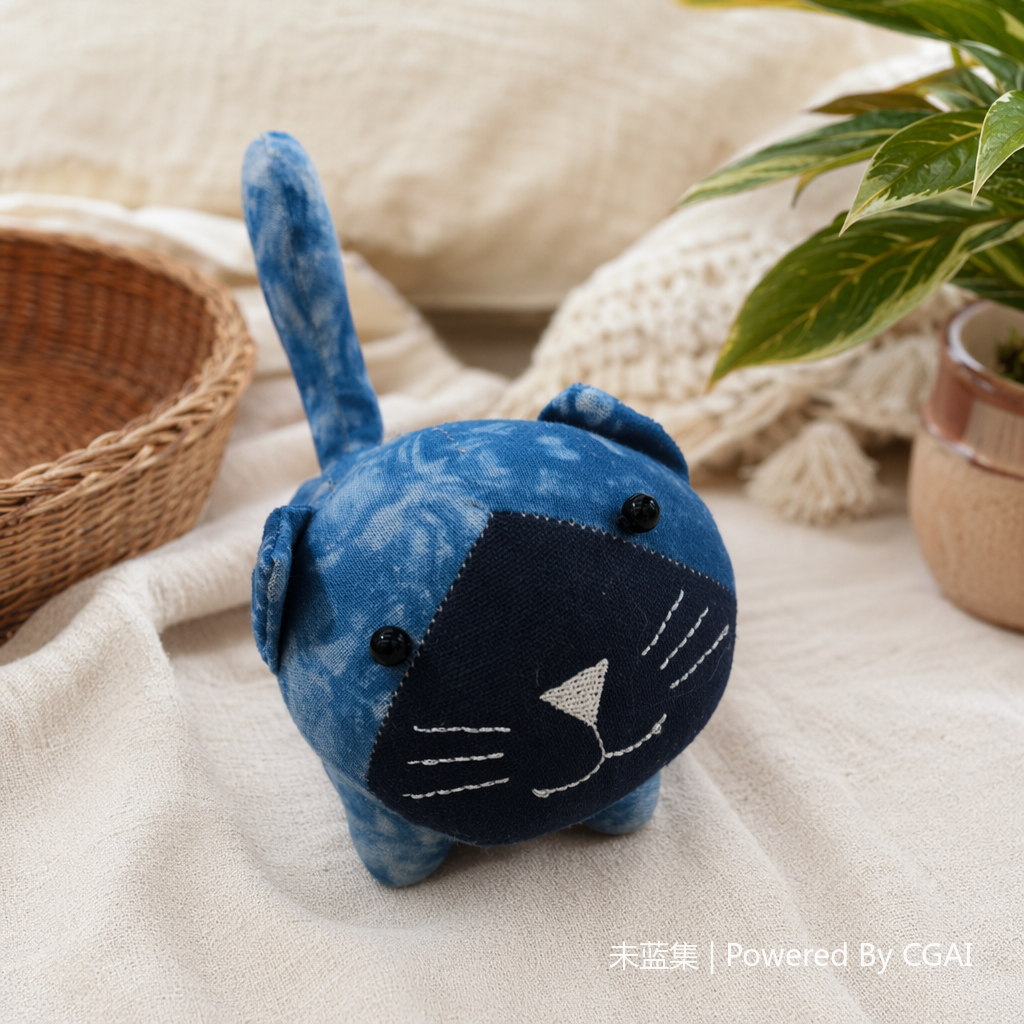 Blue tie-dyed fabric cat doll doll details Picture