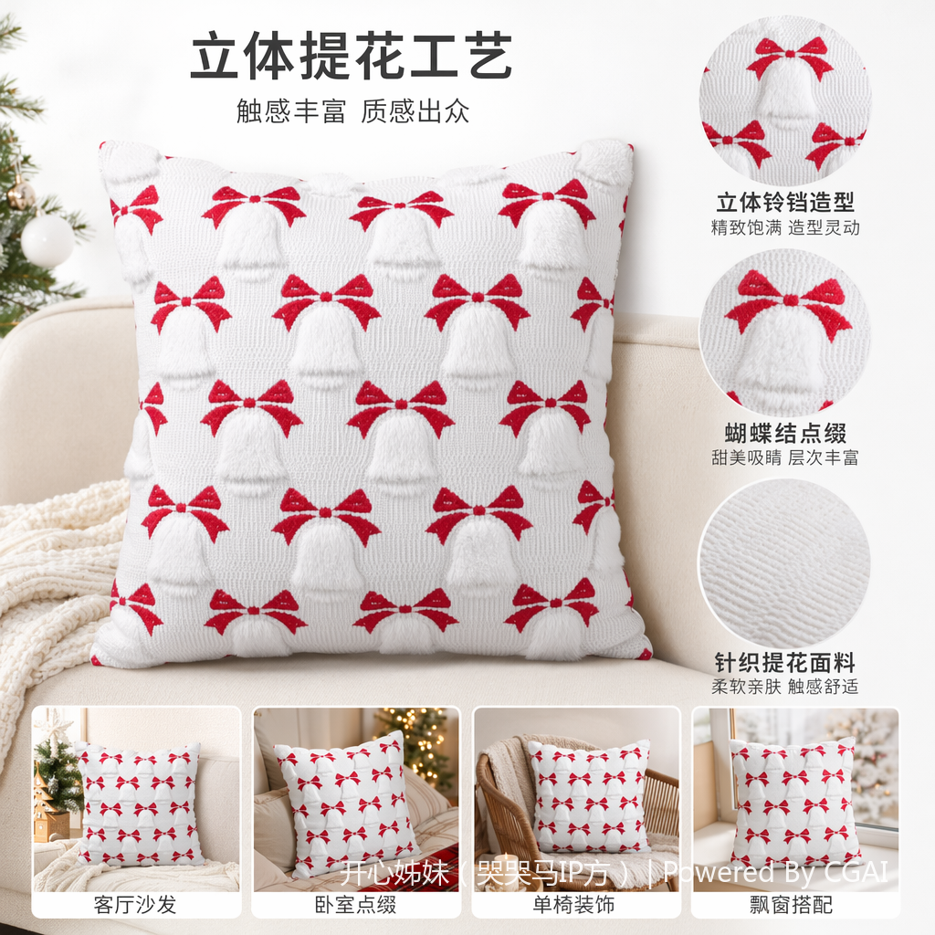 White and red bow bell plush tufted Tibetan-style throw pillow cushion custom sofa cushion