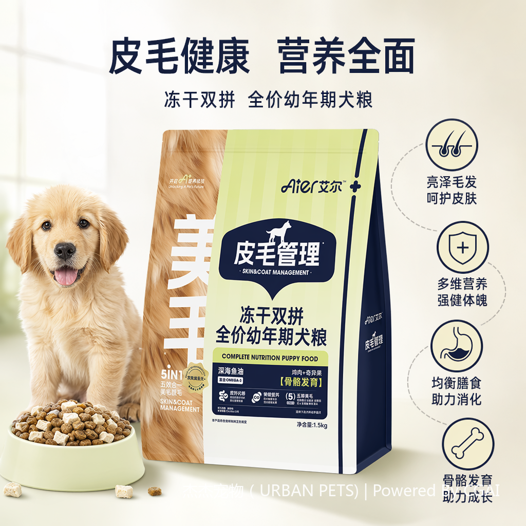 Freeze-dried double-ingredient full-price puppy dog food with chicken and kiwi fruit formula, suitable for puppy dogs for hair care, skin care and bone development. 1.5kg/5kg/10kg Item Picture