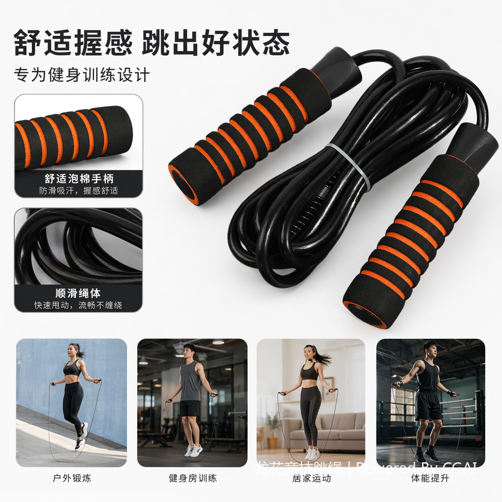 黑色跳绳橙色条纹手柄体育用品跳绳户外运动