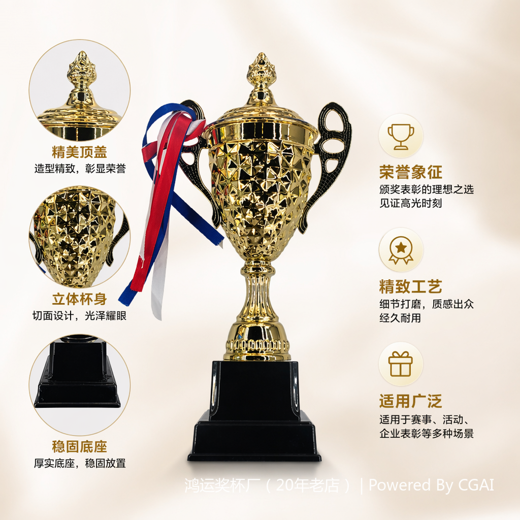 A large golden crystal trophy or medal with a plastic base