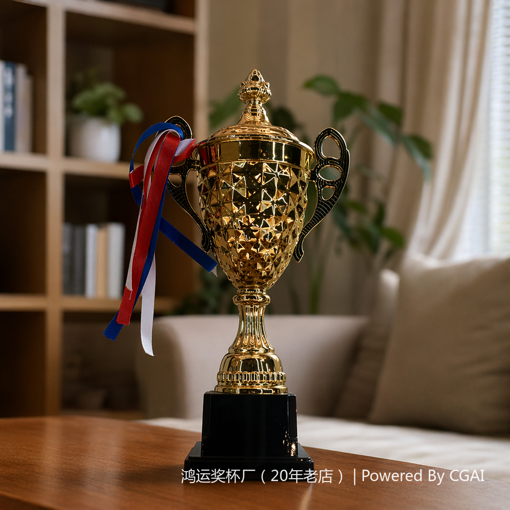 A large golden crystal trophy or medal with a plastic base details Picture