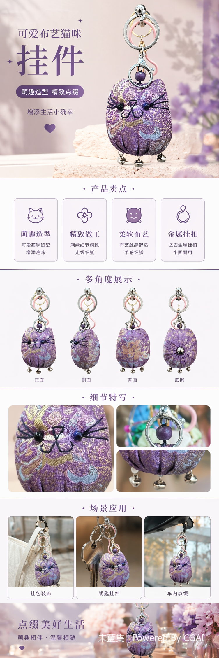 紫色宋锦猫咪毛绒皮革钥匙扣配饰 海洋风织锦钥匙扣详情1