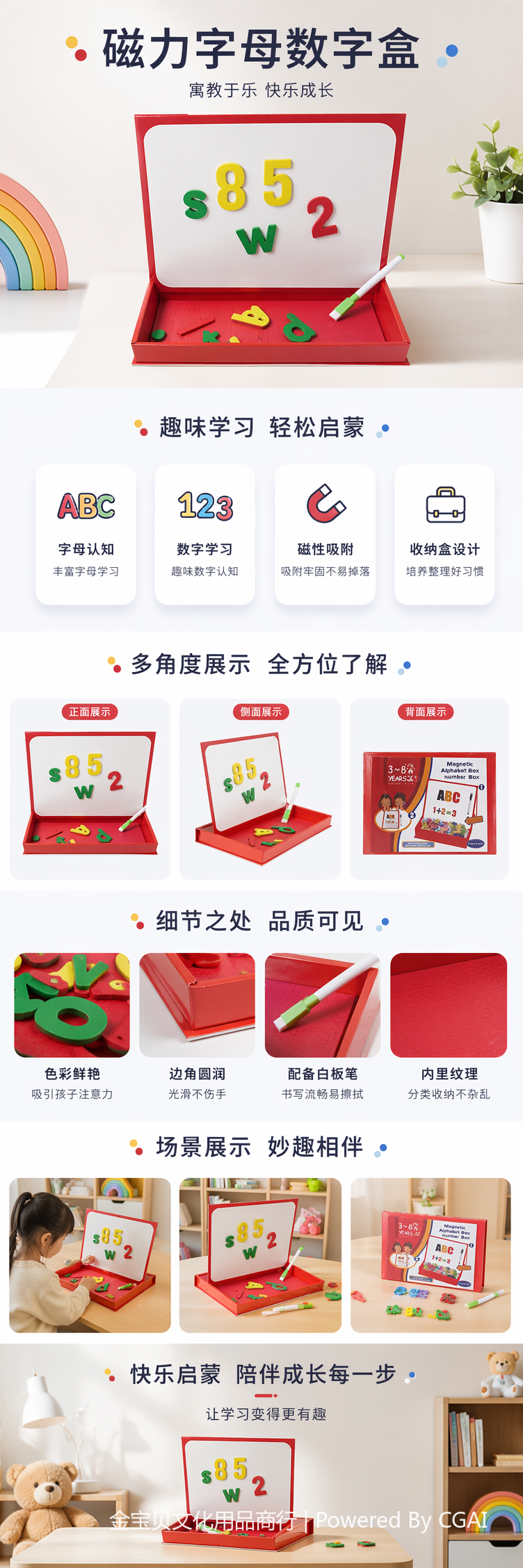 红色磁性字母数字盒 磁力板儿童卡通画板含彩色磁贴白板笔黑板擦画像灯 pic 1