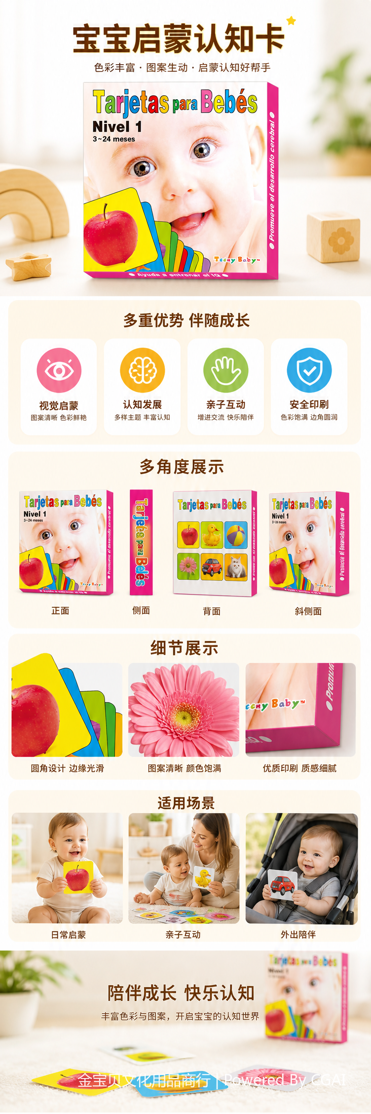 早教闪卡潜能开发彩色婴儿卡片盒含红苹果图案Tarjetas para Bebés Nivel 1 pic 1