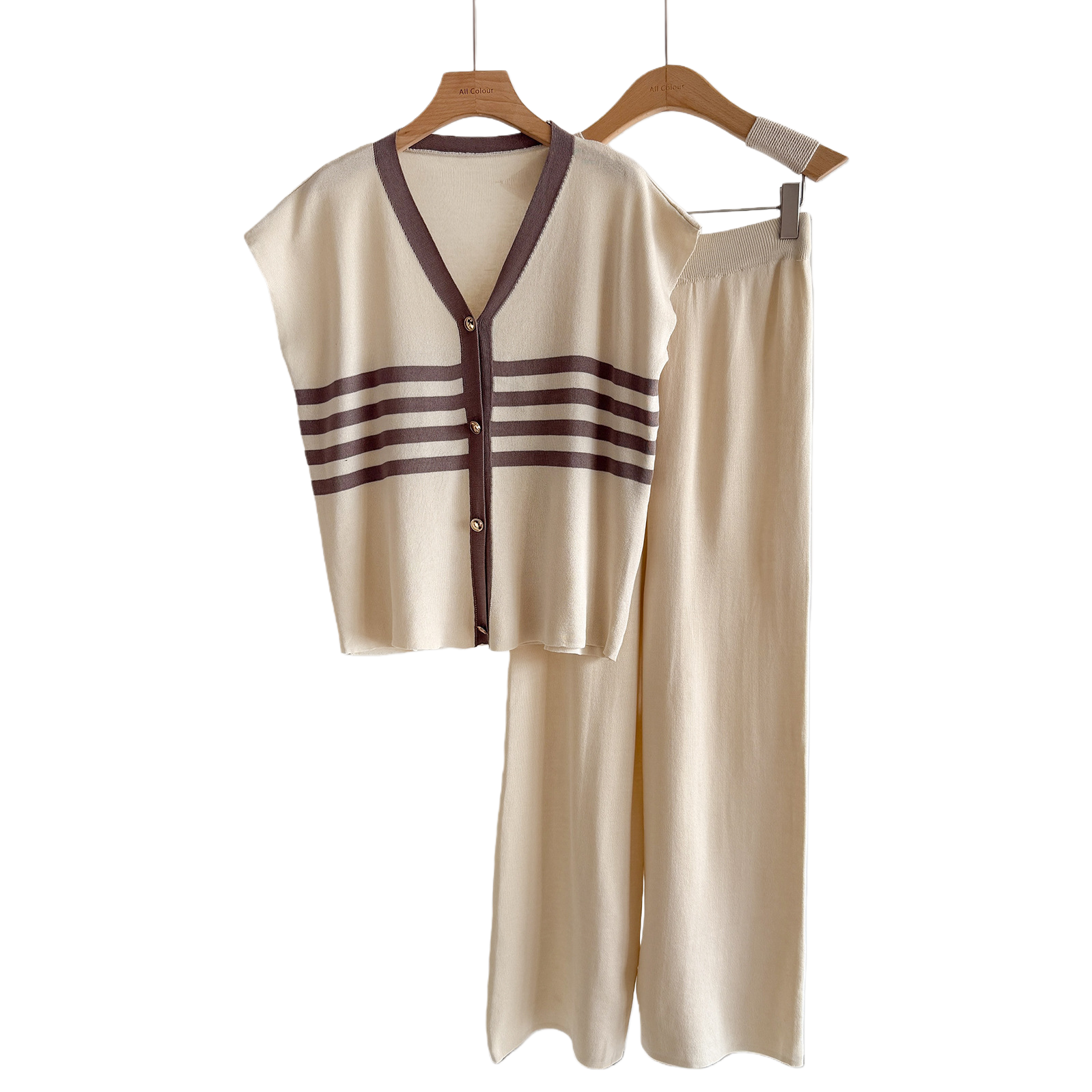 Cross-border summer sportswear set, Korean-style wide-leg pants set, cardigan two-piece set, casual and laid-back knitted two-piece set for women Item Picture
