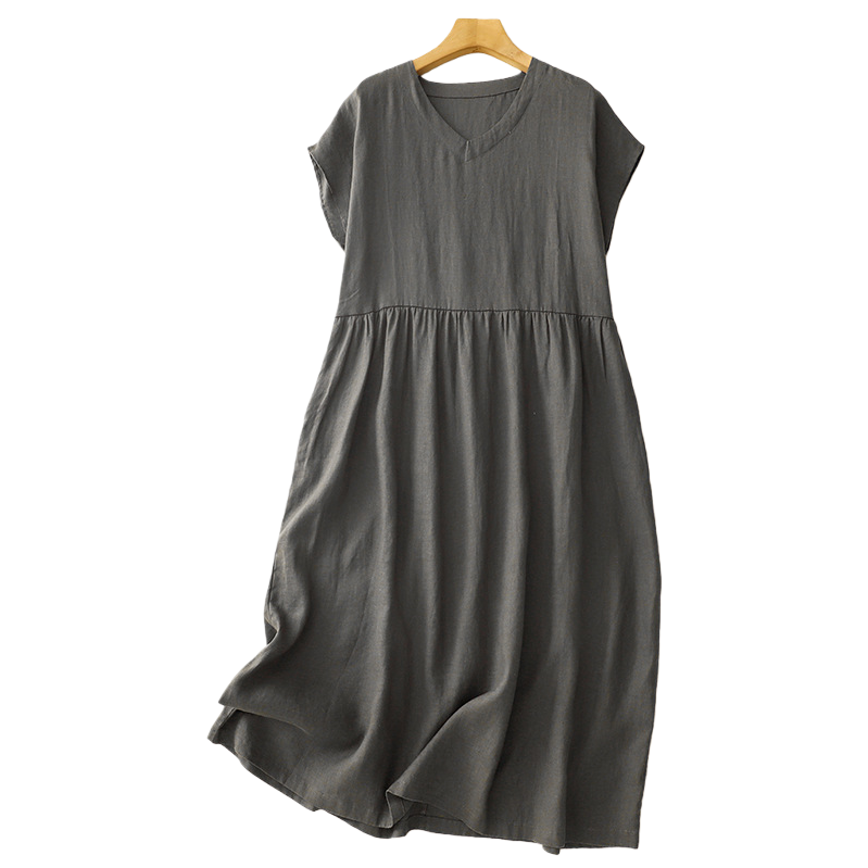 Summer's new Japanese-style commuting simple V-neck one-shoulder short-sleeved loose and artistic mid-length dress for women Item Picture