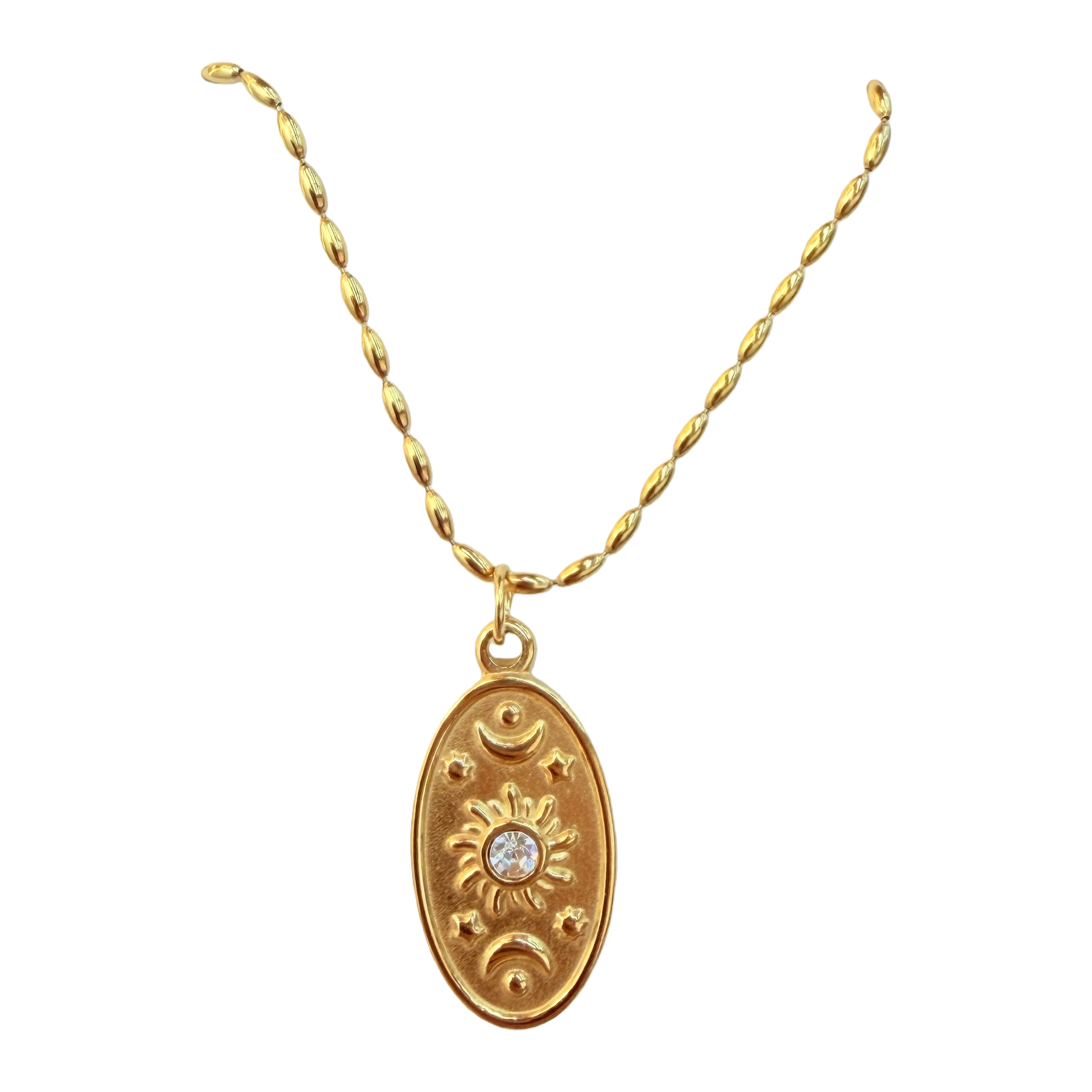 An oval, aged, embossed star, sun and moon, diamond-encrusted pendant, stainless steel, retro design, European and American street style, a unique and distinctive long collarbone necklace Item Picture