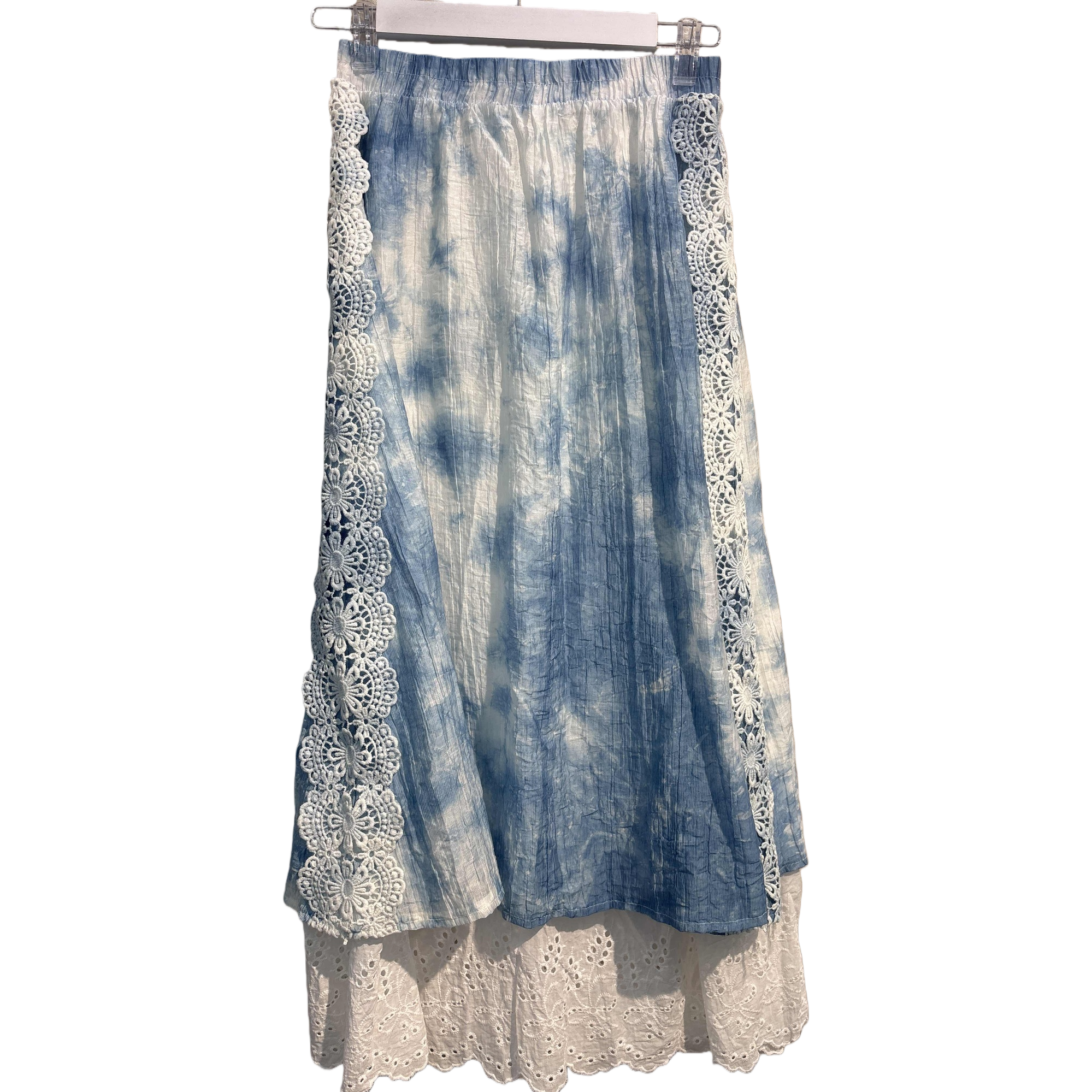 Blue and white tie-dyed lace edge cool silk-stored linen long dress for women with floral style Item Picture