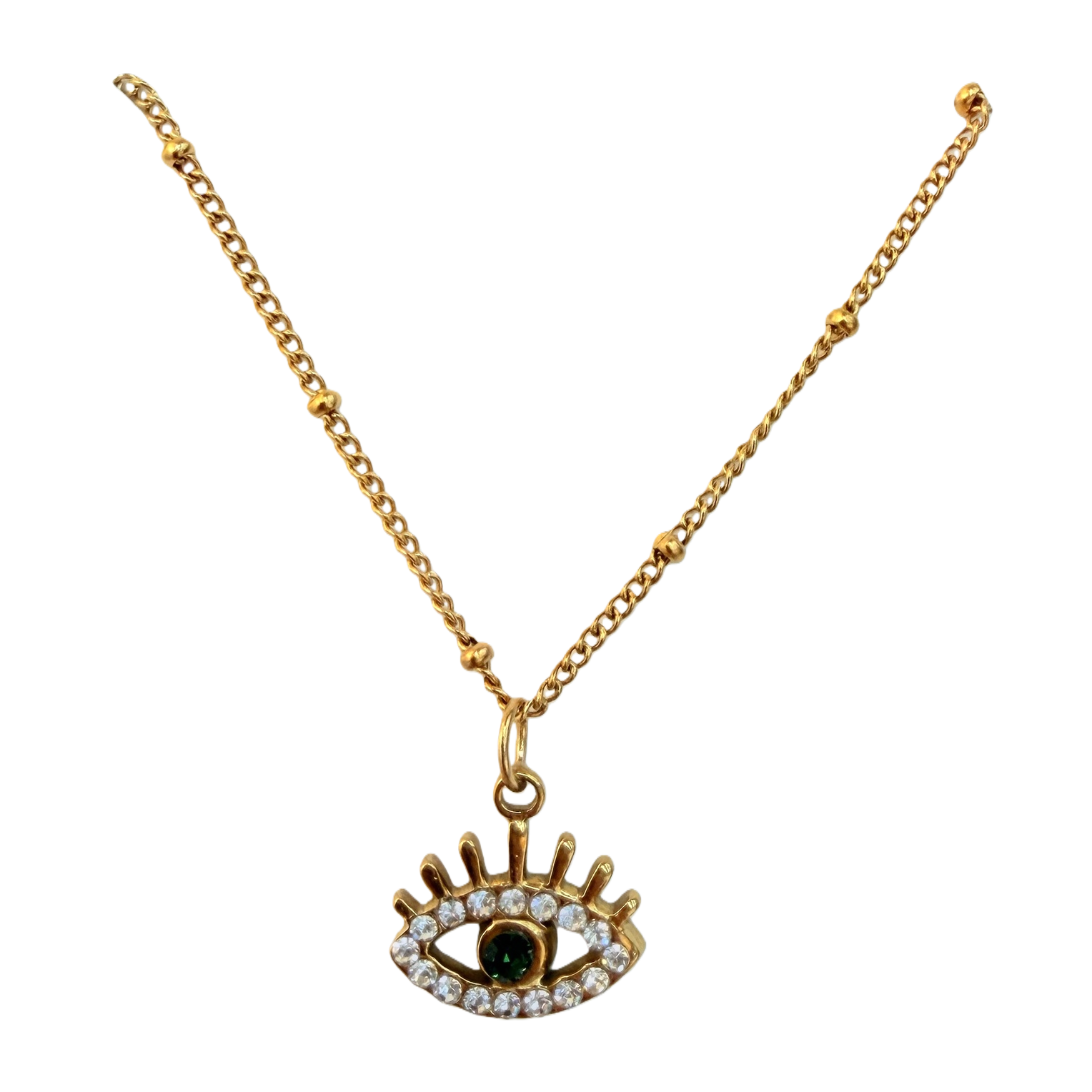Hollowed-out devil's eye green diamond pendant, a unique street style in the Middle East, a niche long stainless steel decorative necklace Item Picture