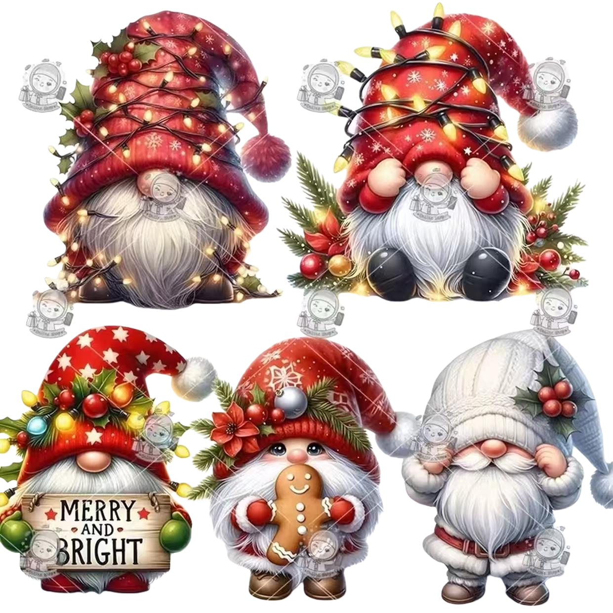 The red lanterns, the Christmas dwarf wearing a red hat, holding a "MERRY AND BRIGHT" wooden sign, and the gingerbread man wearing a white hat and a pillow Item Picture