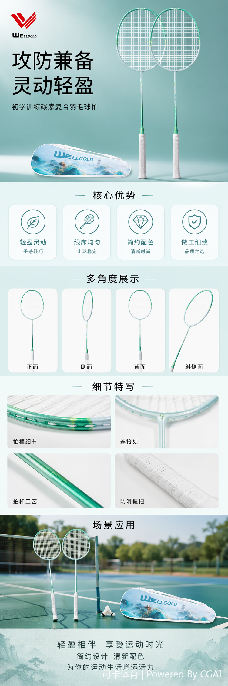 绿色一体式羽毛球拍适合成人学生训练握感舒适详情1