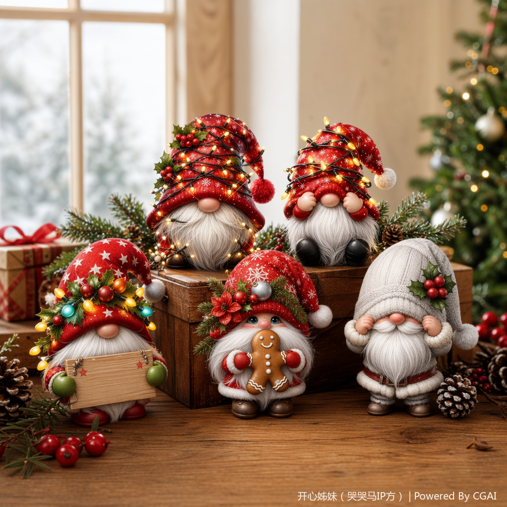 The red lanterns, the Christmas dwarf wearing a red hat, holding a "MERRY AND BRIGHT" wooden sign, and the gingerbread man wearing a white hat and a pillow details Picture