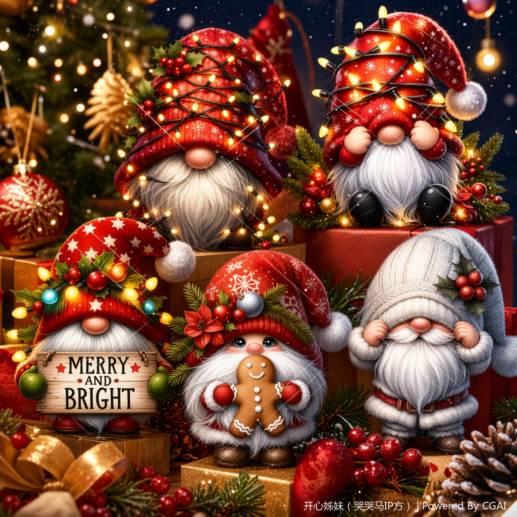 The red lanterns, the Christmas dwarf wearing a red hat, holding a "MERRY AND BRIGHT" wooden sign, and the gingerbread man wearing a white hat and a pillow Specification image