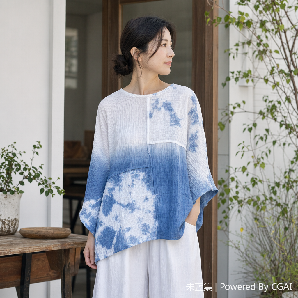 Blue and white tie-dyed pleated top, women's skirt, printed fabric, heat sublimation fabric pieces details Picture