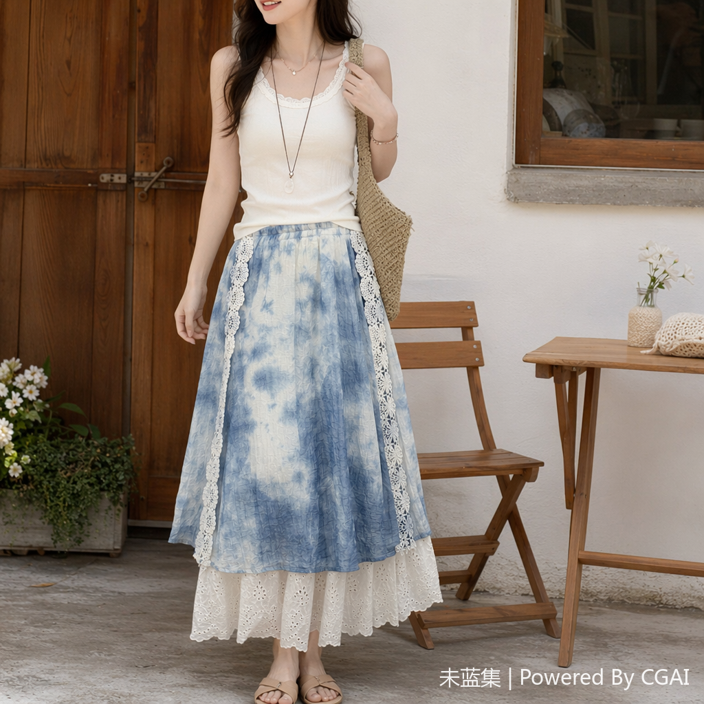 Blue and white tie-dyed lace edge cool silk-stored linen long dress for women with floral style details Picture