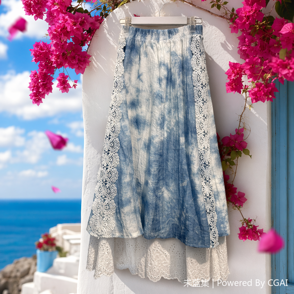 Blue and white tie-dyed lace edge cool silk-stored linen long dress for women with floral style Specification image