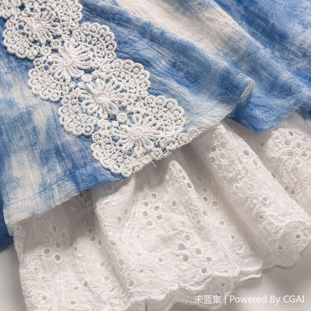 Blue and white tie-dyed lace edge cool silk-stored linen long dress for women with floral style Application Scenario