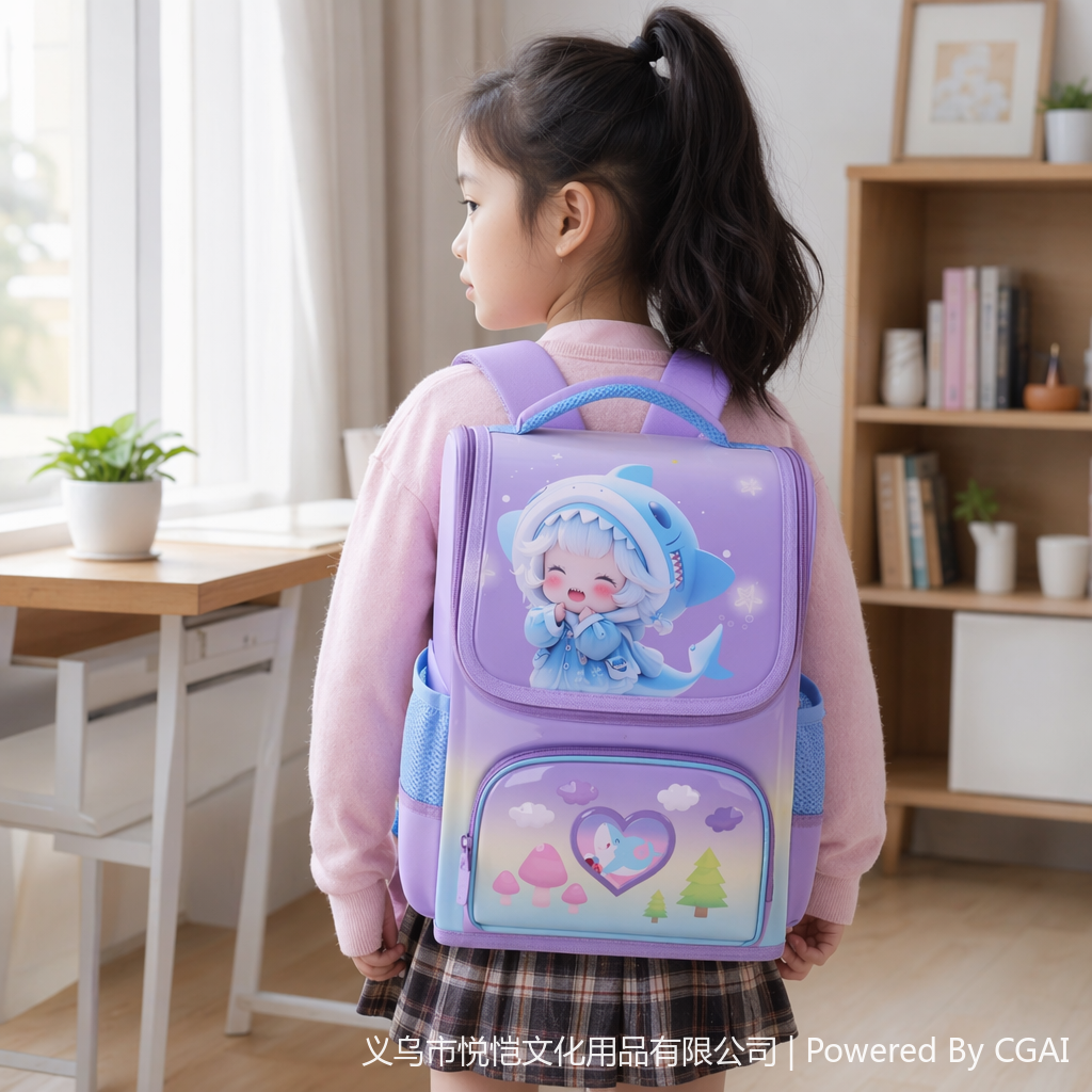 卡通鲨鱼紫色硬壳小学生书包跨境大容量便携防刮防泼水女孩款双肩包