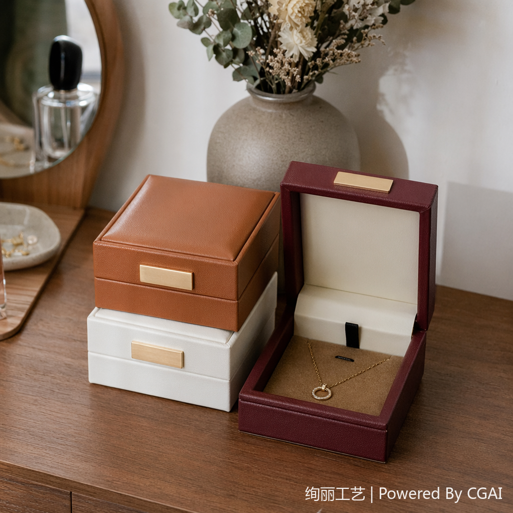 Brown white leather European-style wooden velvet metal jewelry box, women's special jewelry bag details Picture