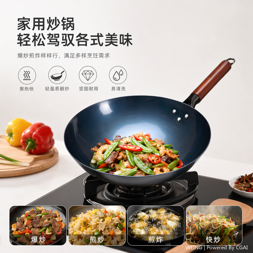 Deep blue pure titanium non-stick wok, 30cm, suitable for gas stove, silicone heat-resistant full image