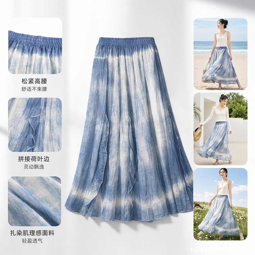 冰凉丝贮麻蓝白渐变扎染长裙女装花卉风清爽夏日连衣裙