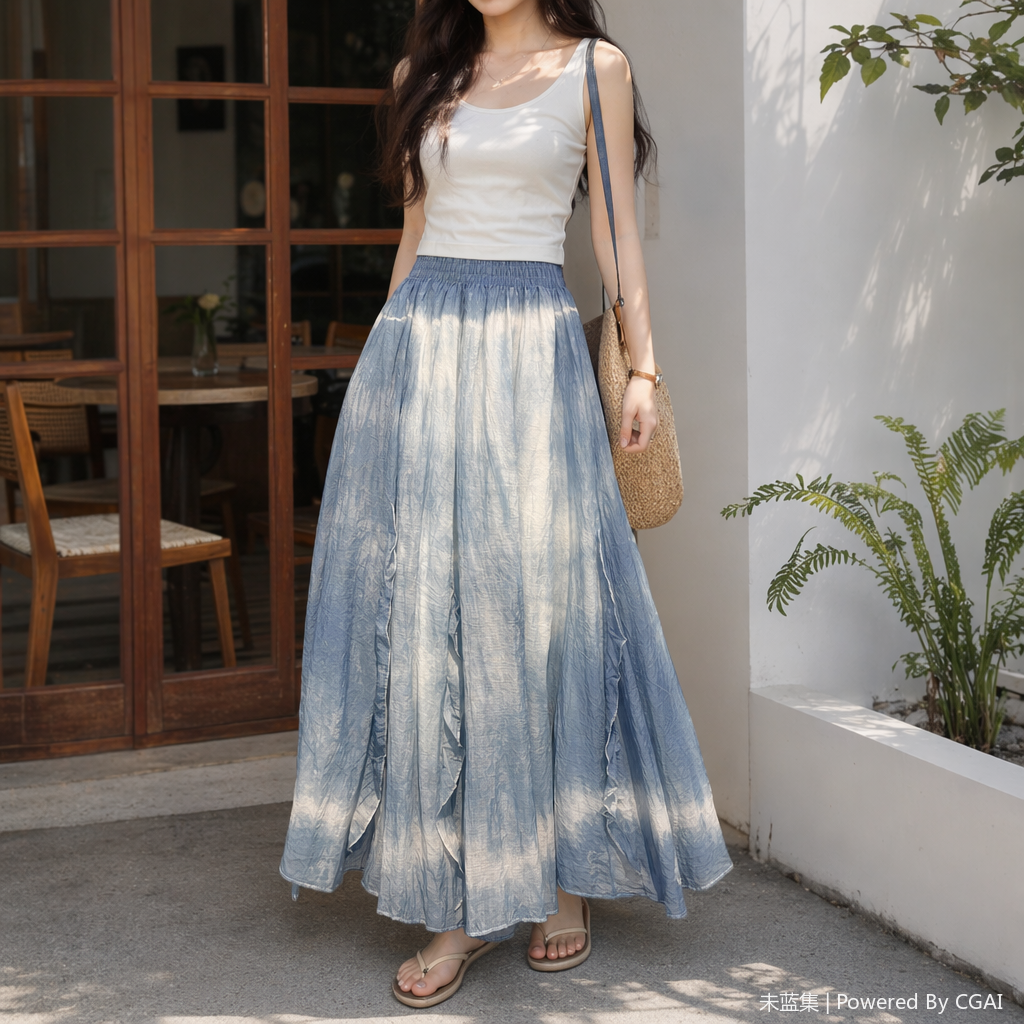 Cool silk-stored linen blue and white gradient tie-dyed long dress for women, floral style refreshing summer dress details Picture