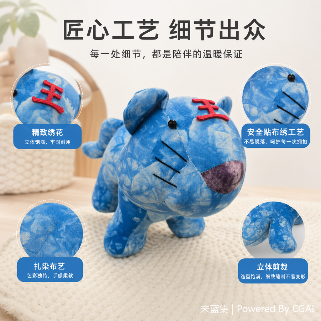 Blue tie-dyed tiger dolls, other figurines, plush toys and ornaments