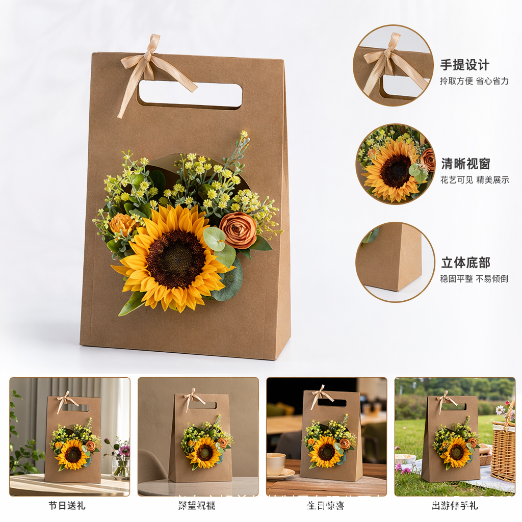 Brown paper bag sunflower bouquet packaging set, pear paper wrapped flower paper, gauze floral arrangement supplies