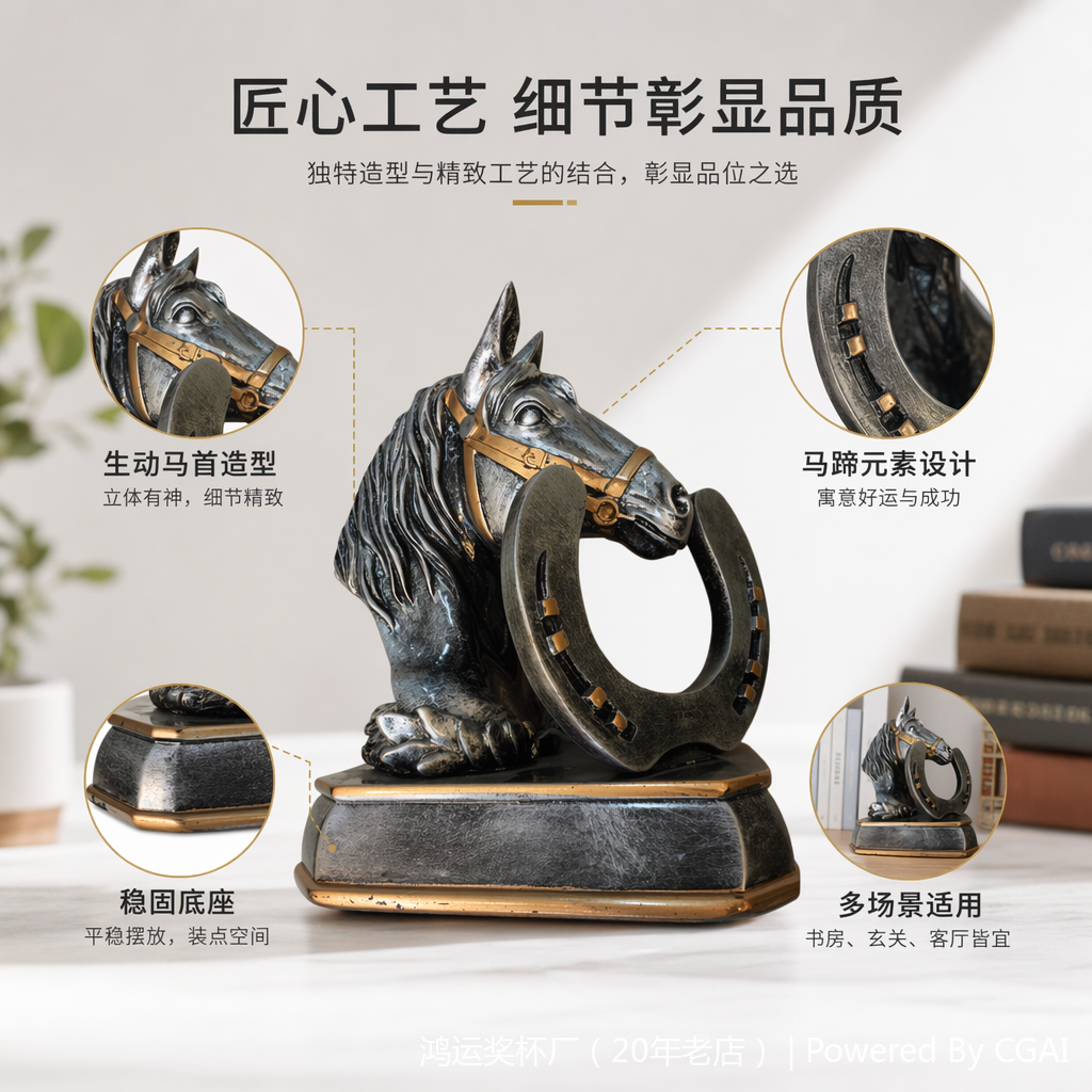 银色马头雕像配马蹄铁装饰动物摆件马头工艺礼品树脂